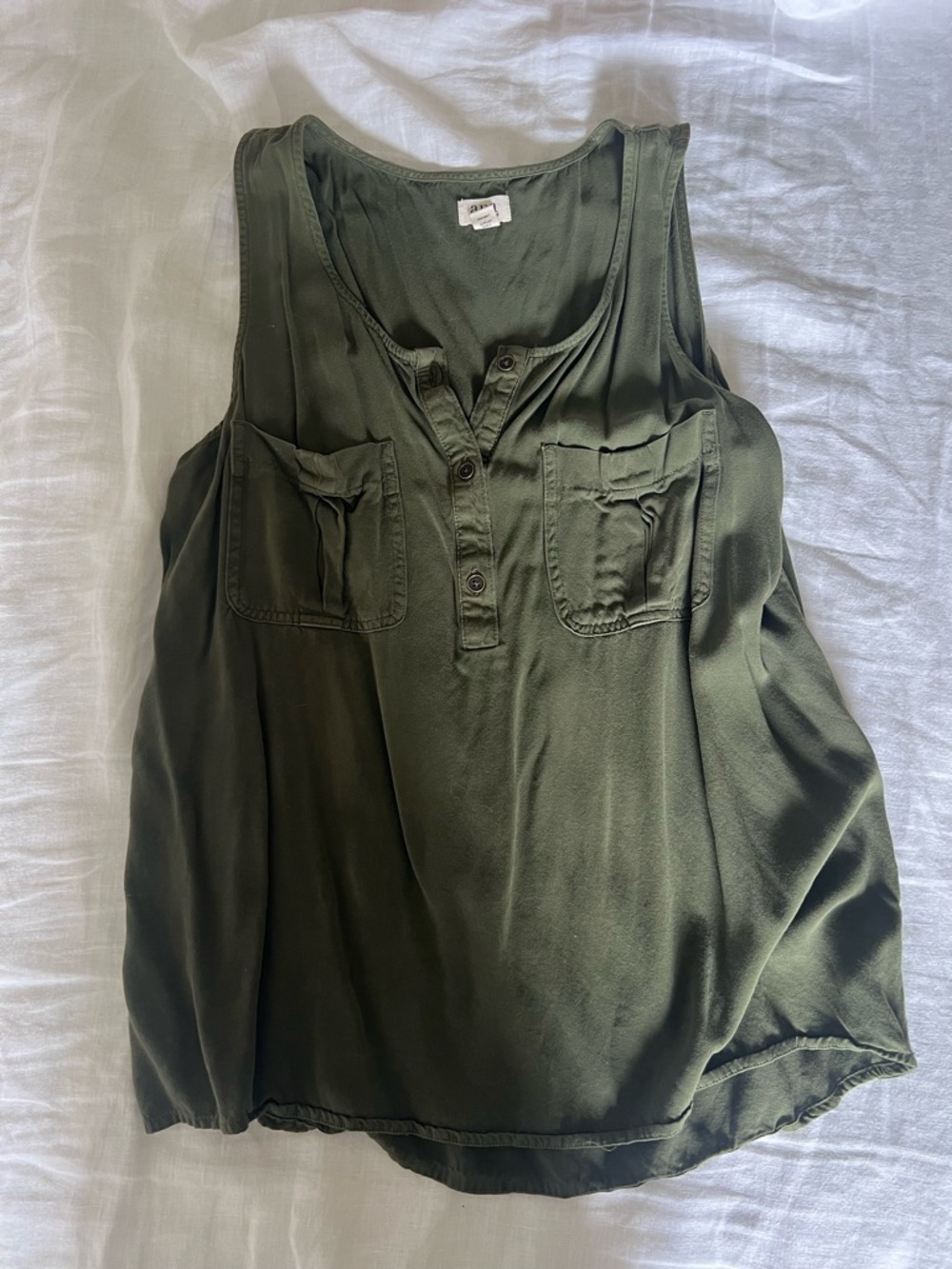 NaNa Olive Green Sleeveless Henley Tank with Front Pockets